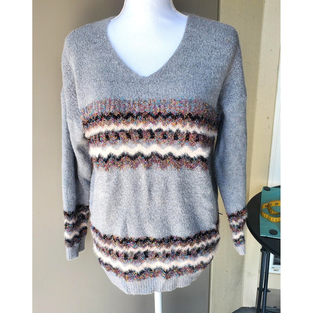 Oliver Sweater Womens Medium Gray V Neck Multicolor Fuzzy Striped Pullover Top